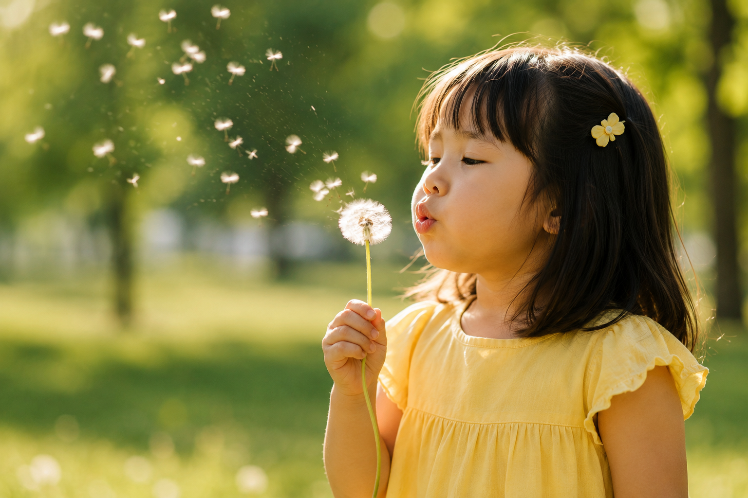 A child blowing dandelion seeds outdoors in warm sunlight